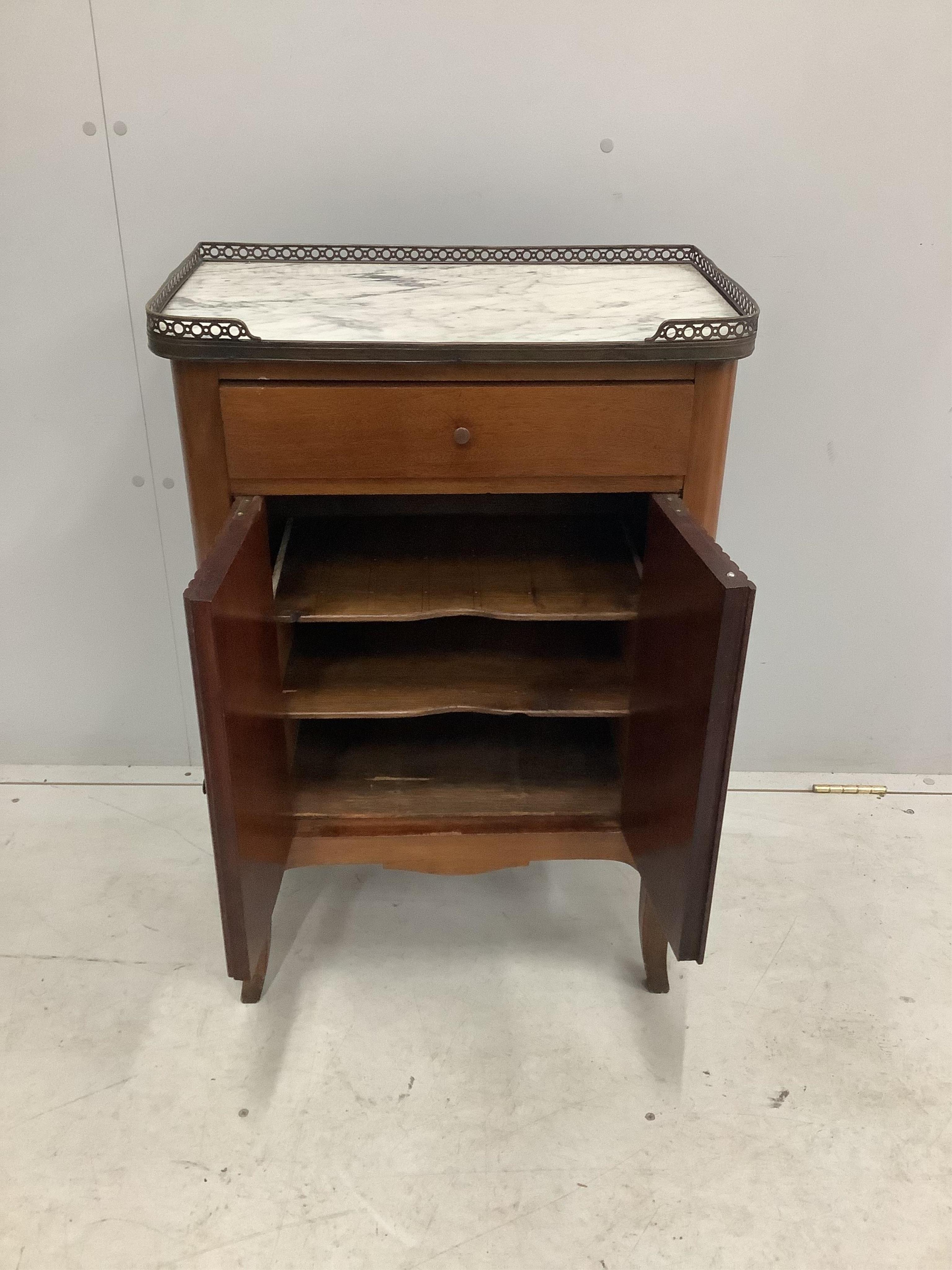 A French marble topped faux tambour front small side cabinet, width 54cm, depth 33cm, height 82cm. Condition - fair to good